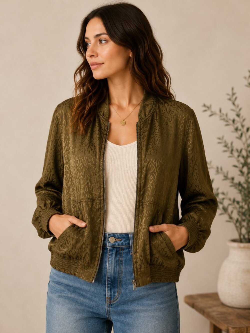 Maeve Anthropologie Bomber Jacket XS Olive Jacquard Animal Print Boho 1447